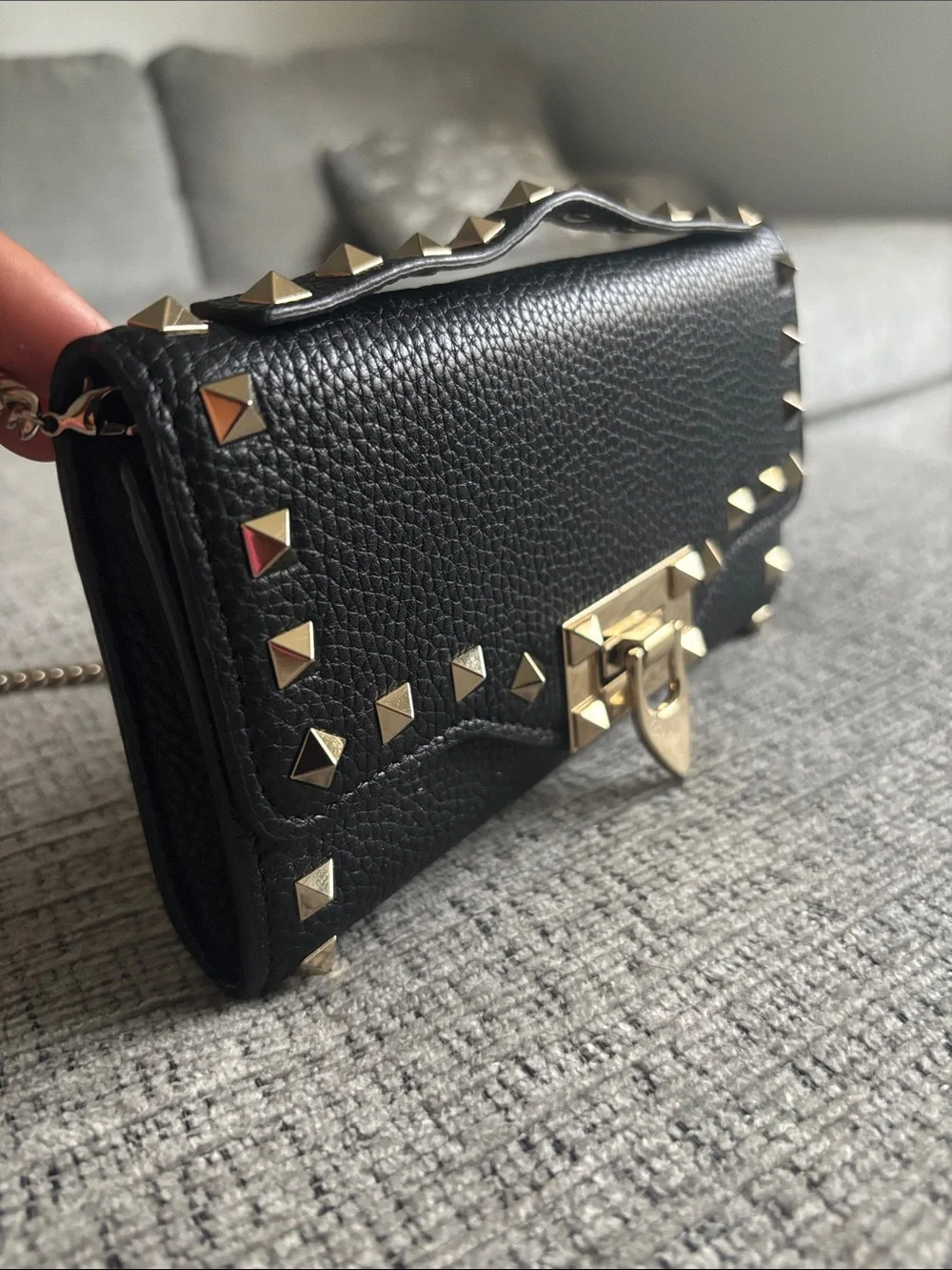 Valentino Black Pebbled Leather Crossbody with Gold Stud Detail